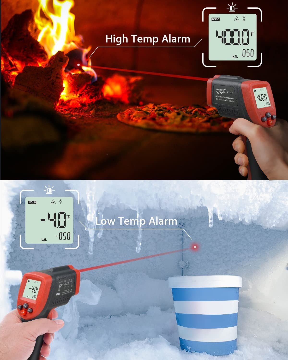 Wintact WT550 Handheld Digital Industrial Non-Contact Infrared Thermometer with Backlit Monochromatic LCD Screen Display