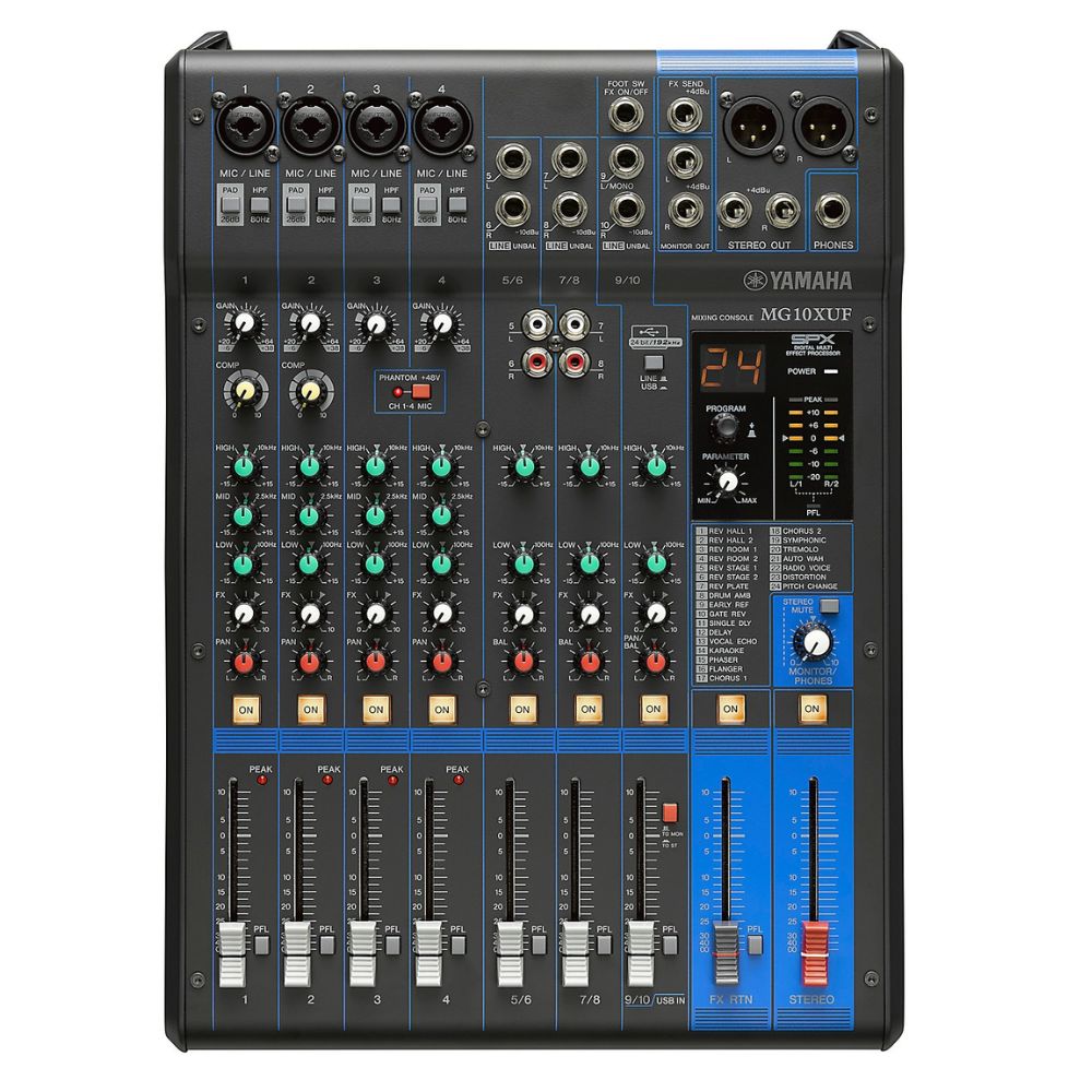 Yamaha MG10XU 10-Channel Analog Console Mixer USB Audio Interface 2in / 2Out with 24 SPX Effects, 2-Band EQ Equalizer, D-PRE Mic Preamps, PAD Switch, XLR and 6.35mm AUX I/O Connectivity and 48V Switchable Phantom Power and Apple Support