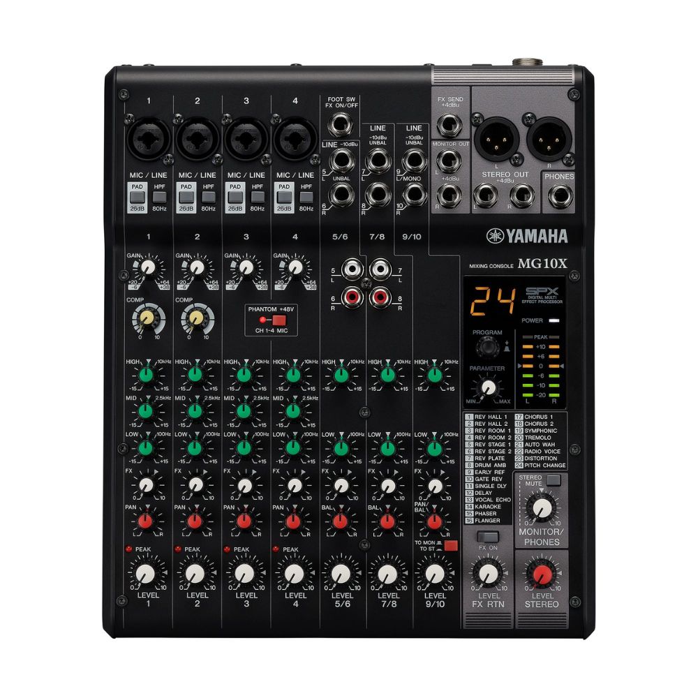 Yamaha MG10XU 10-Channel Analog Console Mixer USB Audio Interface 2in / 2Out with 24 SPX Effects, 2-Band EQ Equalizer, D-PRE Mic Preamps, PAD Switch, XLR and 6.35mm AUX I/O Connectivity and 48V Switchable Phantom Power and Apple Support