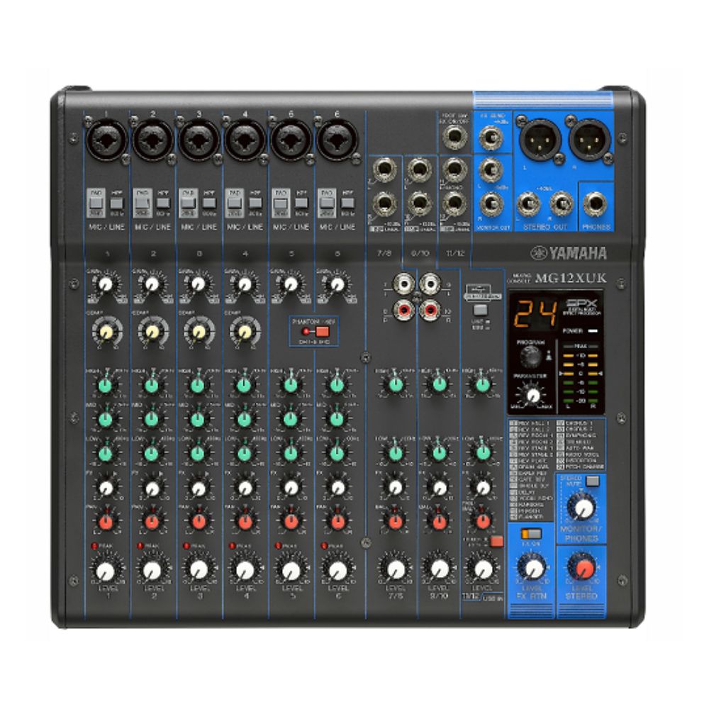 Yamaha MG12 Series 12-Channel Analog Console Mixer USB Audio Interface 12 In / 6 Out with 24 SPX Effects, 3 & 2-Band EQ Equalizer, D-PRE Mic Preamps, 48V Phantom Power for DJ, Audio Mixing, Studio & Recording | MG12 MG12X MG12XU MG12XUK