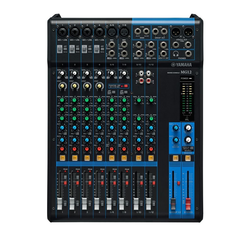 Yamaha MG12 Series 12-Channel Analog Console Mixer USB Audio Interface 12 In / 6 Out with 24 SPX Effects, 3 & 2-Band EQ Equalizer, D-PRE Mic Preamps, 48V Phantom Power for DJ, Audio Mixing, Studio & Recording | MG12 MG12X MG12XU MG12XUK