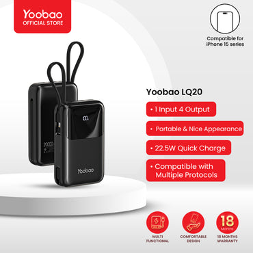 Yoobao LQ20 20000mAh 22.5W Fast Charge Digital Display Power Bank with Built-In Type C & Lightning Charging Cable, USB-A & USB-C PD Port for Phone, Tablet, Camera, iPhone, Android Smartphone, etc. - Black / Purple / Blue | Powerbank