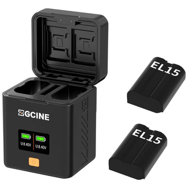ZGCINE EL15 Charging Case Dual Battery Charger for Nikon D7000, D800, D500, Z7 Series, Z5 & Z6 EN-EL15 Camera Batteries with 0.96" OLED Display, USB-C PD Input & Memory Card Storage (CFexpress Type-B, SD, microSD) | PS-EL15