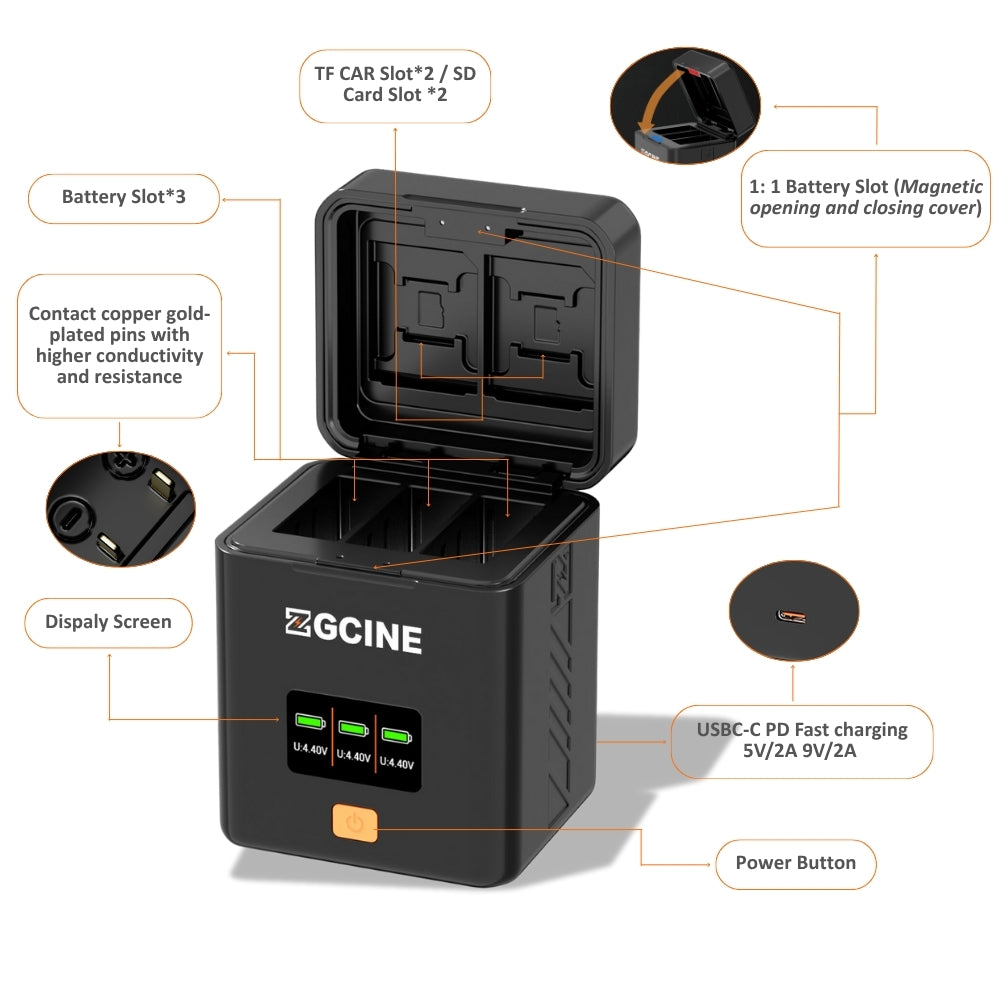 ZGCINE Triple Bay Battery Charging Case for GoPro Hero 13 Batteries Charger