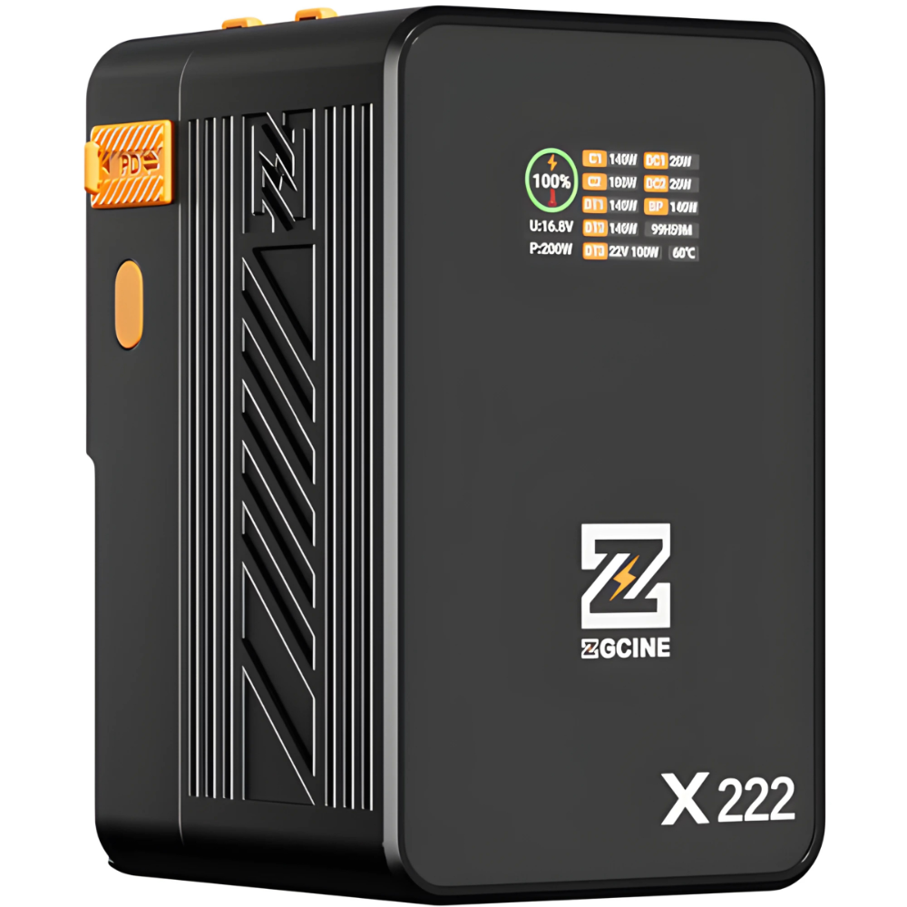 ZGCINE ZG-X222 V-Mount Battery 222Wh 60,000mAh with PD3.1 140W Input/Output, Dual USB-C, 3 D-Tap, Dual DC Port, 1.45" IPS Display for Camcorder, DSLR Cameras, Video Lights, Monitors, Filmmakers & Photographers | Black | Orange