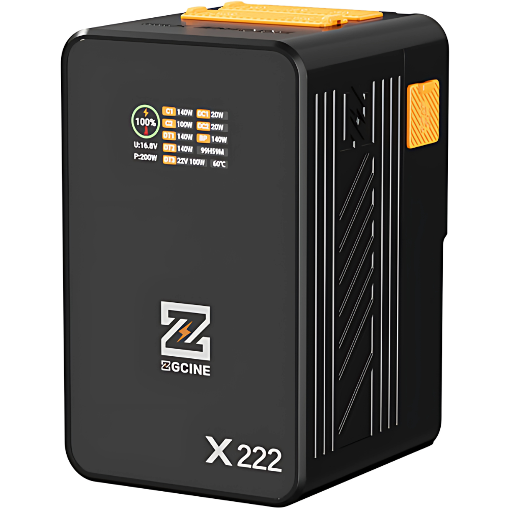 ZGCINE ZG-X222 V-Mount Battery 222Wh 60,000mAh with PD3.1 140W Input/Output, Dual USB-C, 3 D-Tap, Dual DC Port, 1.45" IPS Display for Camcorder, DSLR Cameras, Video Lights, Monitors, Filmmakers & Photographers | Black | Orange