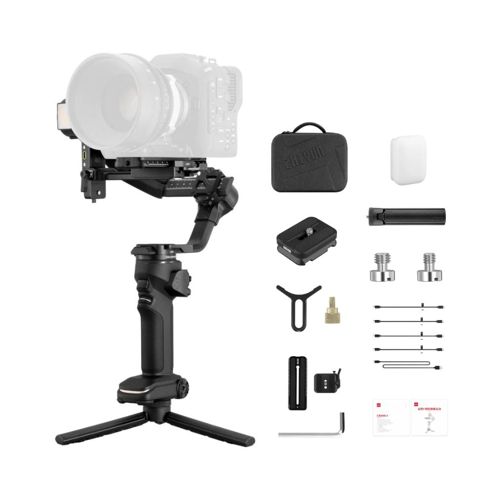 Zhiyun Crane 4 Camera 3-Axis Handheld Gimbal Stabilizer for DSLR, Mirrorless, and Cine Camera with Built-in LED Fill Light, 12 hrs Battery Life, Bluetooth Shutter Control, USB-C PD Fast Charging, Quick Release Horizontal & Vertical Rail | JG S