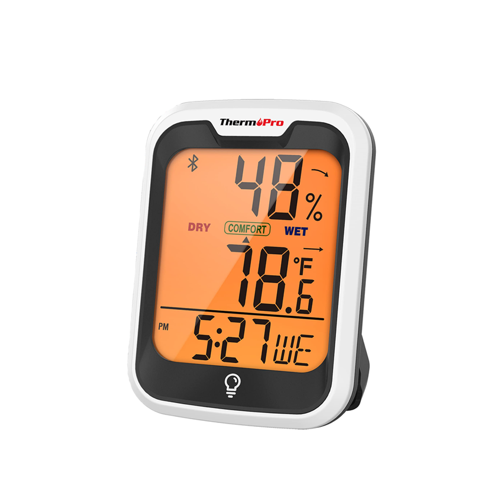 ThermoPro TP358 Hygrometer and Thermometer with Built-in Clock, Bluetooth 5.0, Premium Sensirion 260ft Humidity and Temperature Sensors, Comfort Level Indicator, Backlight and App Support for Indoors and Greenhouse Use