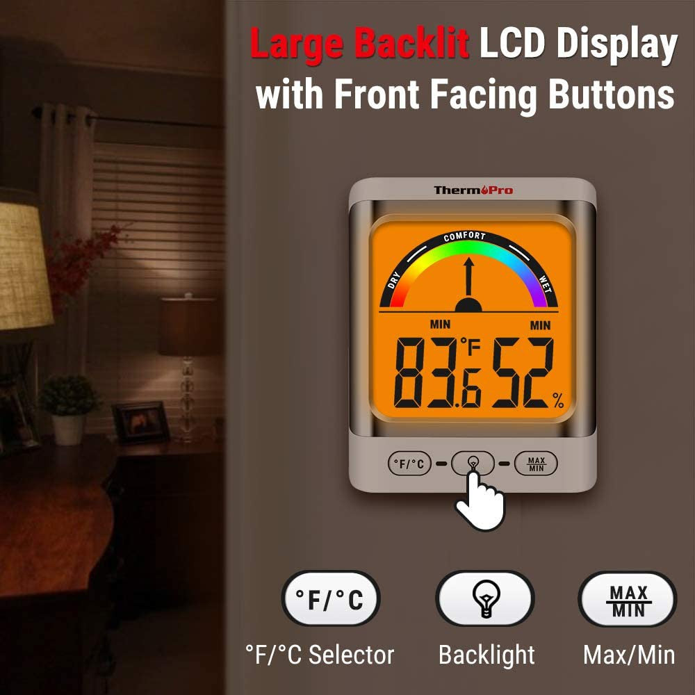 ThermoPro TP-52W TP52W Digital Hygrometer Indoor Thermometer Temperature and Humidity Gauge Monitor Indicator Room Thermometer with Backlight LCD Display Humidity Meter