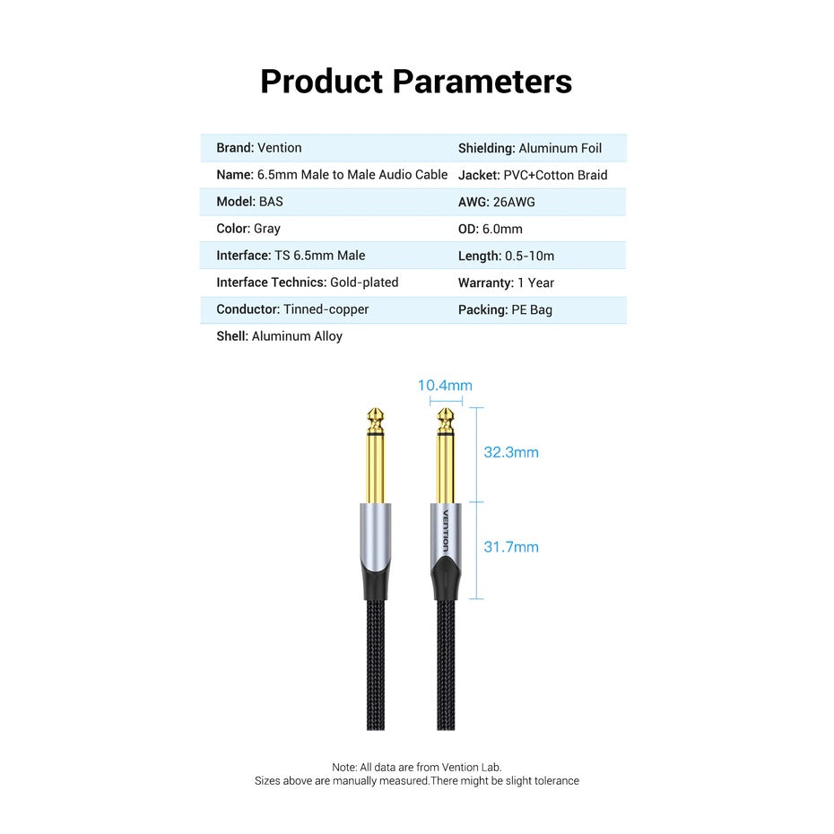 Vention 6.5mm Jack Male to 6.5mm Jack Male Cotton Braided Gold Plated 2-Meters (BAS) Audio Cable for Musical Instruments, Speakers, Amplifiers, Mixers