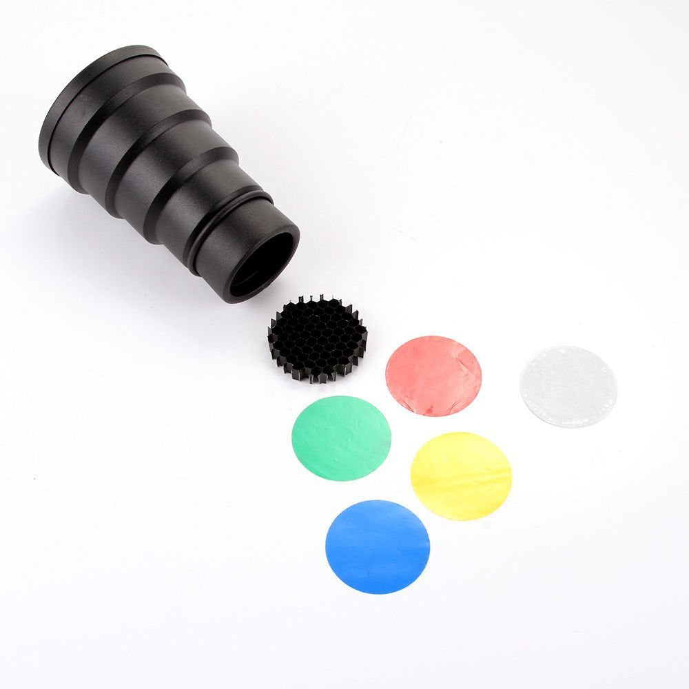 Pxel ST-5S Metal Conical Snoot with Honeycomb Grid and Gel Filter Kit for Studio Strobe Monolight Photography Flash