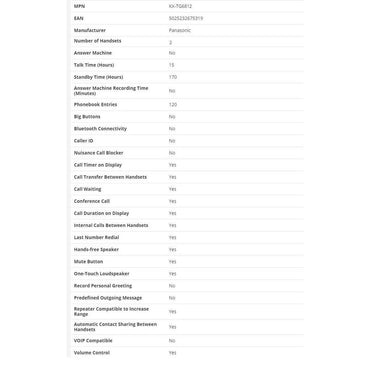 Panasonic KX-TG6812 Wireless Cordless Telephone with Multible Handets Capability, Power Back-up Operation, 100 Phonebook Stations, Handset Locator, Speaker Phone