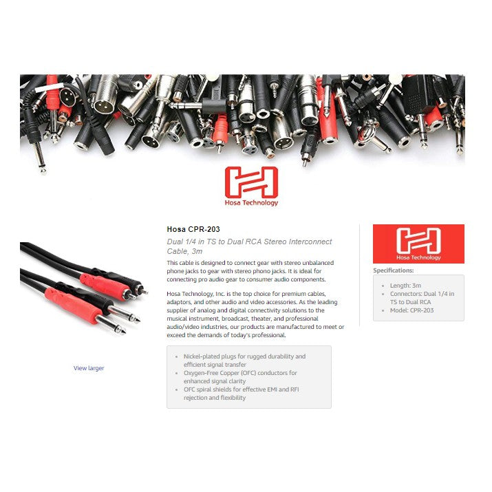 Hosa Technology CRA-201AU 2 RCA Male to 2 RCA Male Dual Cable (Gold Contacts) - 3.3'