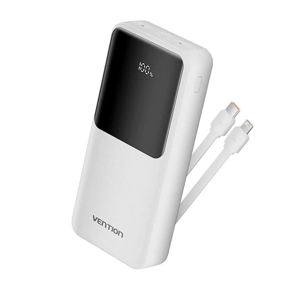 Vention 20000mAh 22.5W/PD 20W Fast Charge Power Bank with Built-In Type C & Lightning Charging Cable, 3-Port Output, Smart LED Digital Display for iPhone, iPad, Airpods, Android Smartphone, Tablet, Camera - White, Black