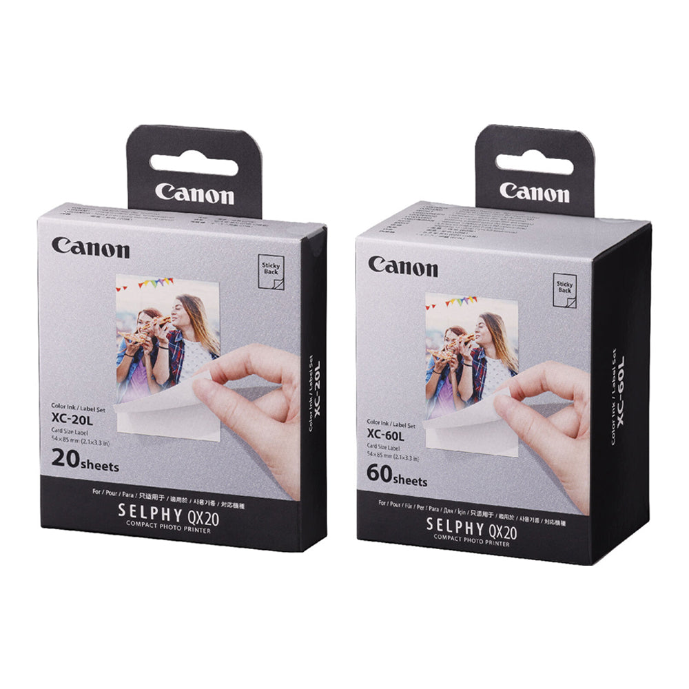 Canon 60 / 20 Pack Sticker Photo Paper Sheets for SELPHY QX20 Printer Series, 2.1 x 3.4 Inches Card Size Fast Drying with 20 Prints per Ribbon | XC-60L XC-20L