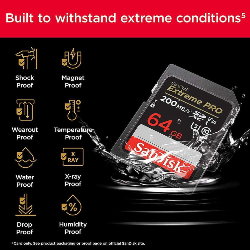 SanDisk Extreme Pro SD Card UHS-I SDXC Class 10 with 200MB/s Read Speed V30 (64GB, 128GB, 256GB)