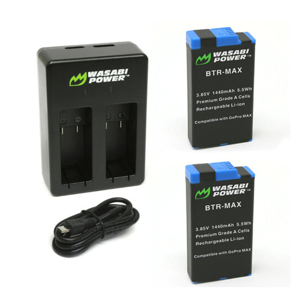 Wasabi Power 3.85V 1440mAh 2 Pack Battery and Dual USB Charger Kit replaces ACBAT-001 ACDBD-001 for GoPro MAX Action Camera | KIT-BB-MAX