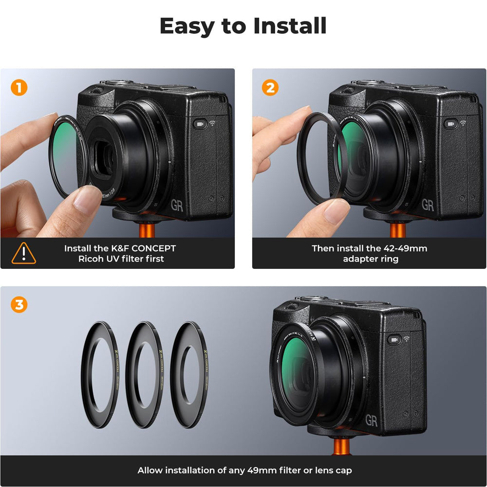 K&F Concept 42 to 49mm no-X Filter Adapter Ring for Ricoh GR IIIx III II Camera Series with Lens Cap Aluminum Alloy