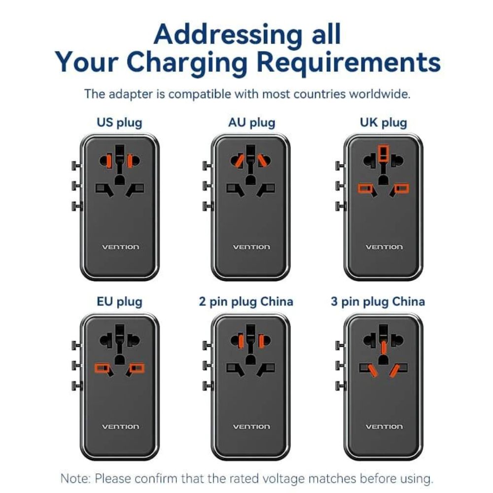 Vention 65W / 120W Multi-Port Universal Travel Adapter with GaN Fast Charging USB PD Ports, US/AU/UK/EU Male and Female Plugs for Smartphones, Tablet, Laptop etc.