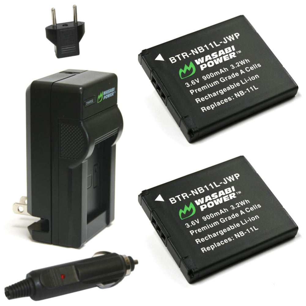 Wasabi Power (2-Pack) Canon NB-11L NB-11LH NB11L NB11LH Battery and Charger with Fold Out US Plug, Car Charger and Euro Plug Adapter for Select Canon PowerShot Camera SX400 IS SX410 IS SX420 IS ELPH 350 HS ELPH 360 HS A3500 IS A4000 IS | JG Superstore