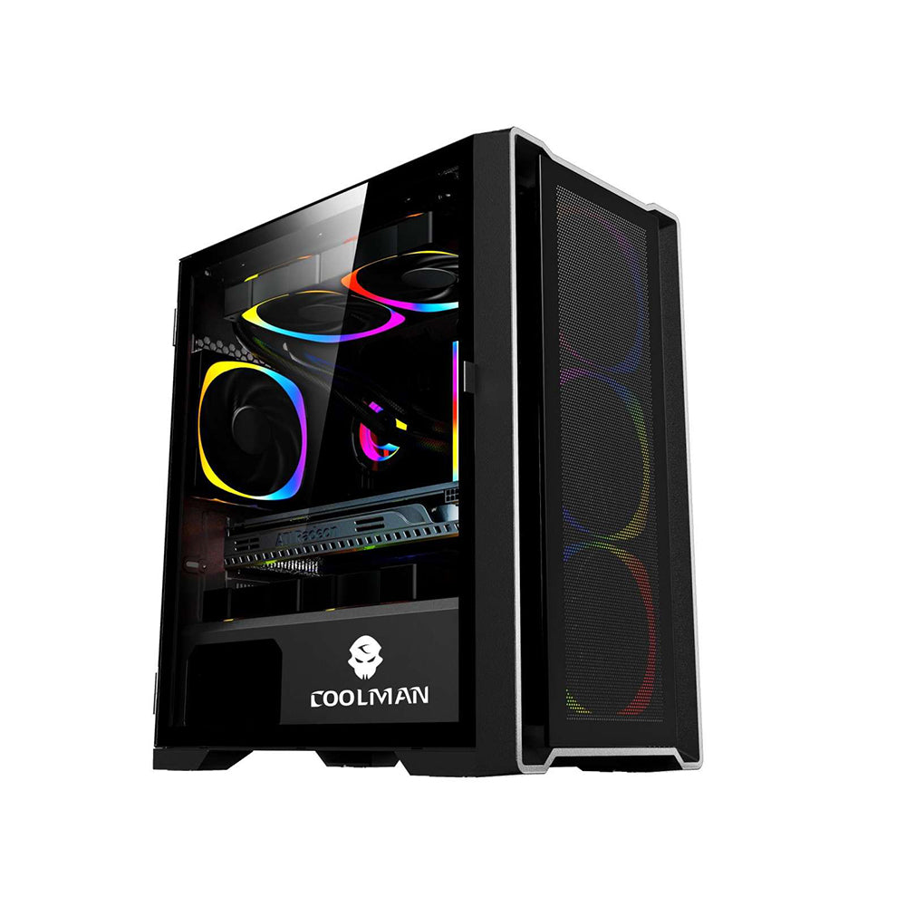 Coolman Ruby Mid-Tower Micro-ATX Gaming Case Case with 3 RGB Color Fans, Slide-On Tempered Glass Side Panel, 3 Drive Slots, 7 PCIe Expansion Slots, HD Audio, USB 3.0, 2x USB 1.0 I/O Panel (Black, White)