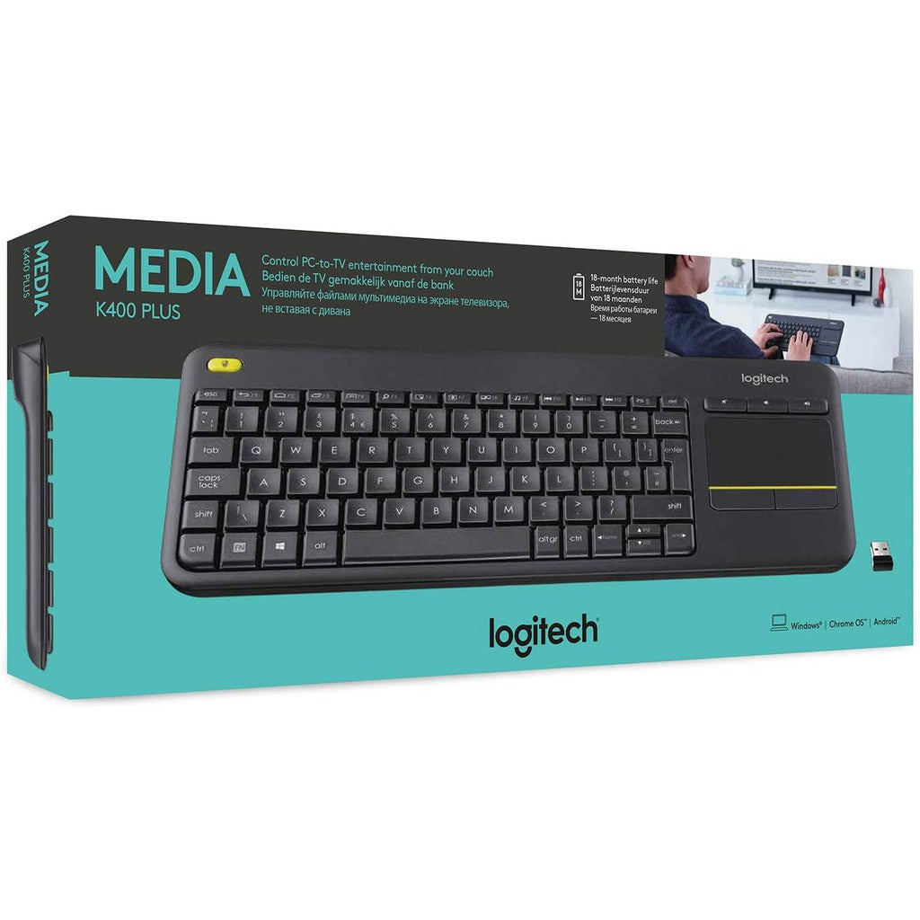 Logitech K400 Plus 2.4GHz Wireless Touch Keyboard with Built-In Multi-Touch Touchpad, Quiet Keys, and 10m Wireless Range for Computer, PC, TV, Phones, and Tablets