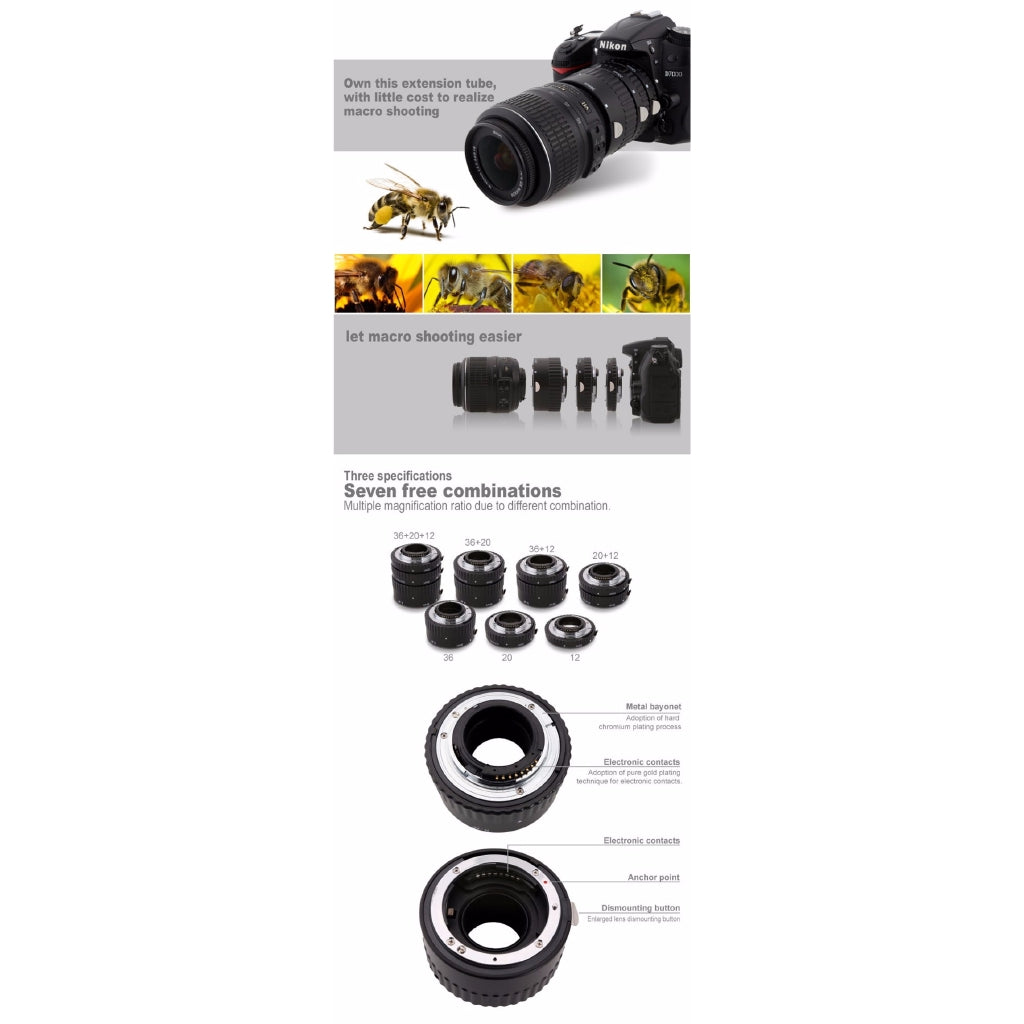 Meike MK-N-AF1-AL Adapter Auto Focus Extension tube Ring AF for Nikon DSLR 12mm 20mm 36mm