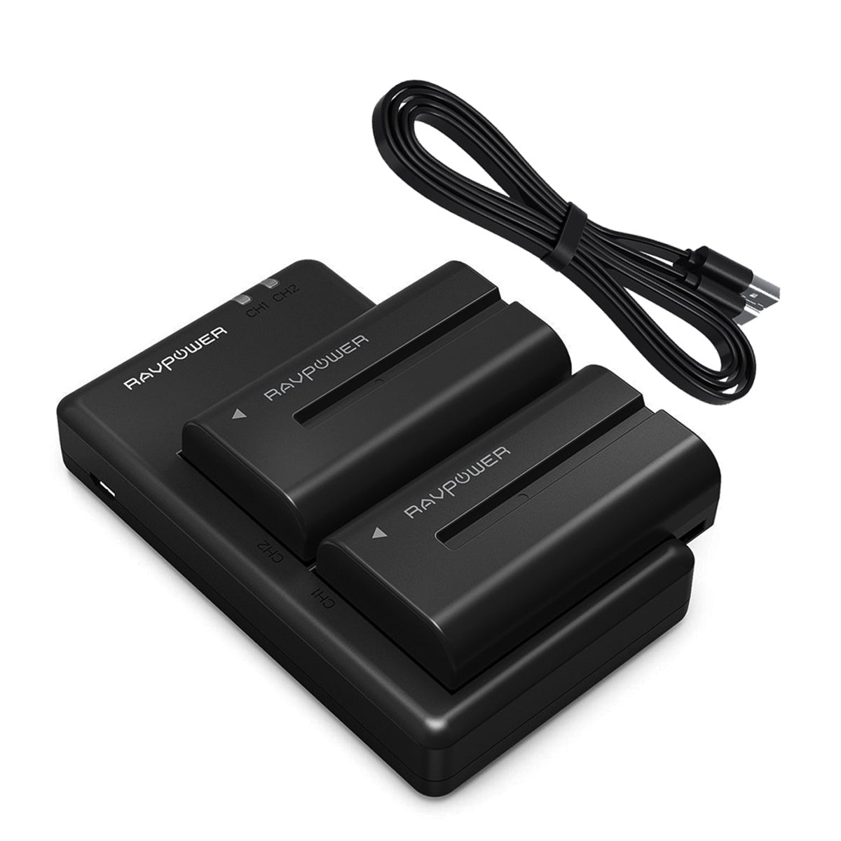 RAVPower NP-F550 Battery Charger and 2-Pack Rechargeable Li-ion Batteries for Sony NP F970, F750, F770, F960, F550, F530, F330, F570, CCD-SC55, TR516, TR716, TR818, TR910, TR917 and more (2-Pack Replacement Battery Kit, Dual Slot Charger)