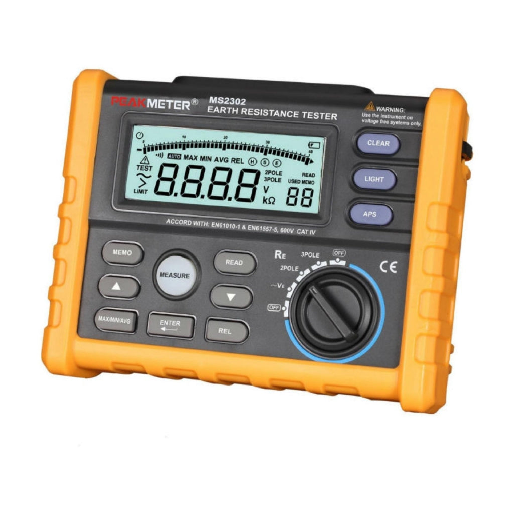 PeakMeter MS2302 Digital Earth & Ground Resistance Tester Megger 0ohm ~4K ohm 100 Groups Data Logging with Backlit