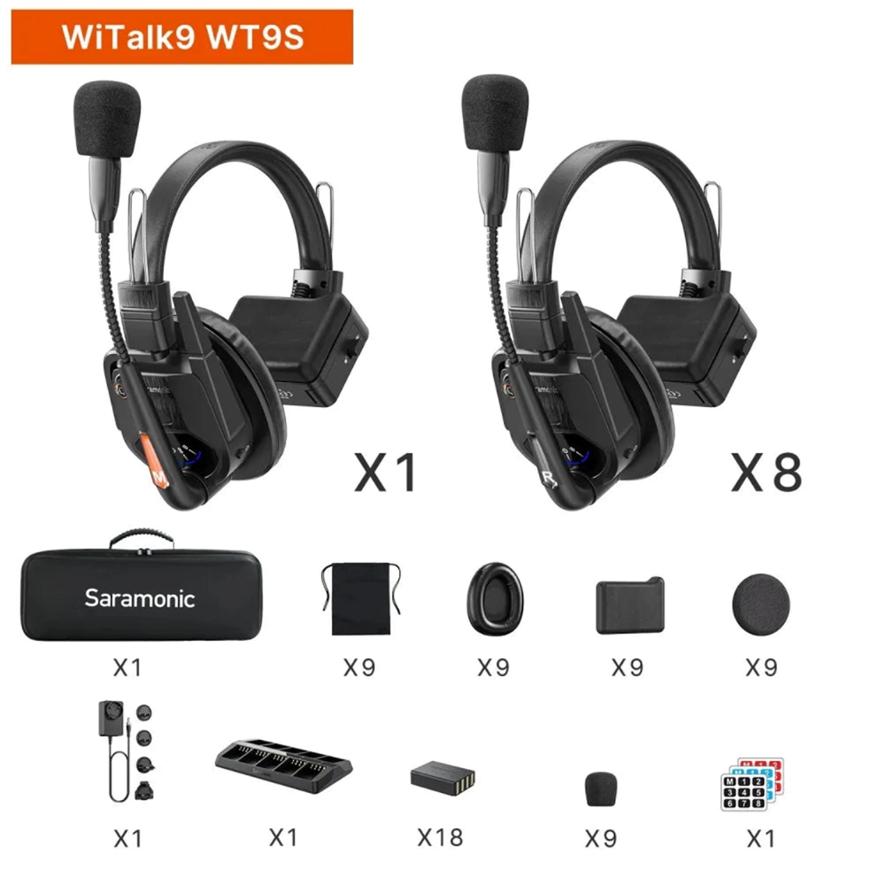 Saramonic WiTalk9 WT9S Wireless 9 Person Audio FDX Full Duplex Audio Intercom System 1 Master 8 Remotes Headset with Max 1640ft (500m) Wireless Range