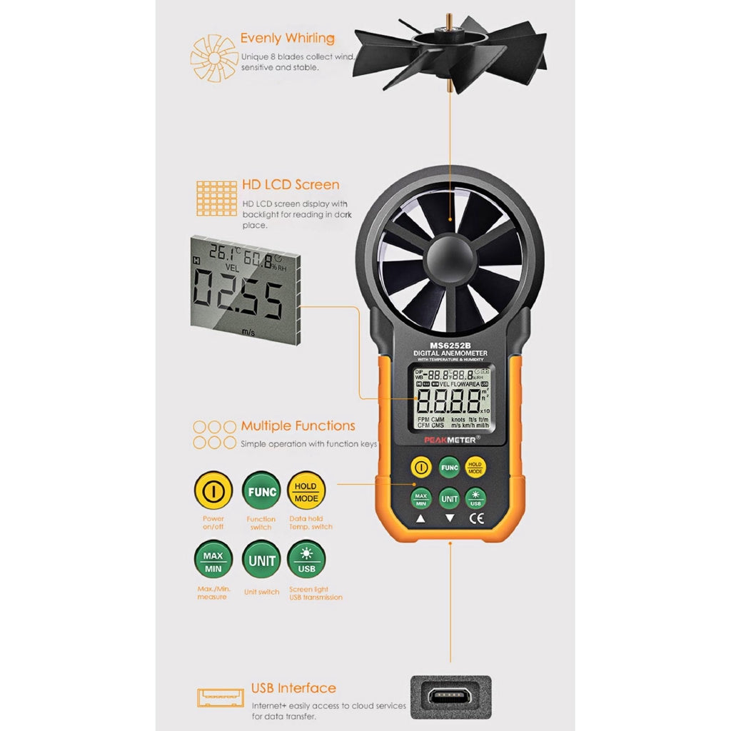 PeakMeter PM6252B Digital Anemometer Air Speed Velocity Air Flow Meter with Air Temperature Humidity RH USB Port