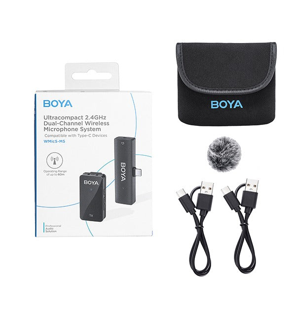 BOYA BY-WMic5 Ultracompact 2.4GHz Dual-Channel Wireless Lavalier Microphone System (Plug & Play) Clip On Mic for Smartphone, Tablet, DSLR, Mirrorless, Camera, Android & iOS Devices - USB Type C / Lightning / 3.5mm Audio Jack