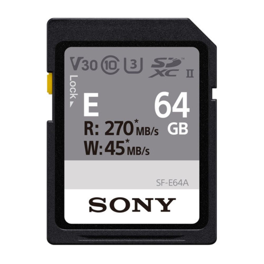 Sony SF-E64A 64GB UHS-II SDXC V30 U3 Memory Card with Max 270MB/S Read and 45MB/s Write Speeds, 4K Video Resolution, IP57 Waterproof and Data Rescue Software Support | JG Superstore