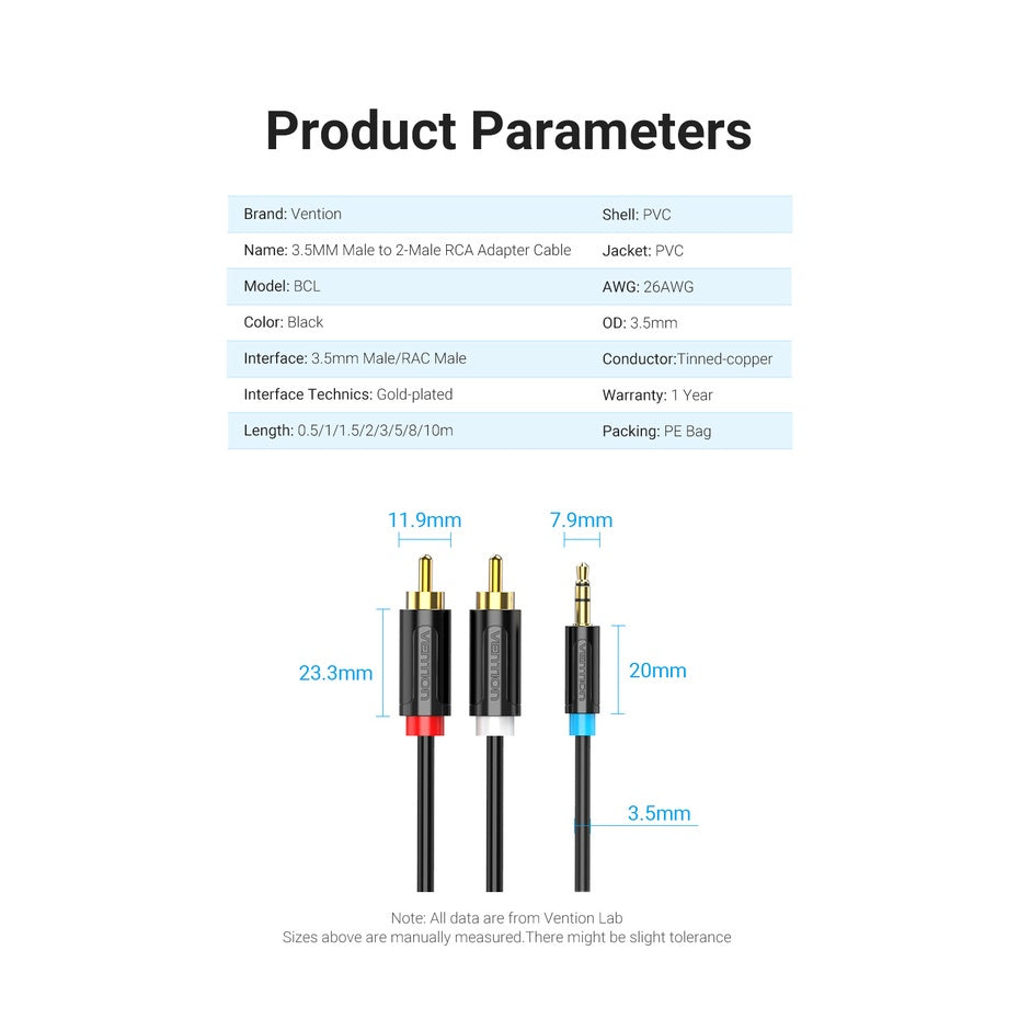 Vention TRS 3.5MM Male to Dual RCA Male 10-Meters Gold Plated (BCL) Audio Cable for Amplifiers, Laptops, Speakers, Mixers