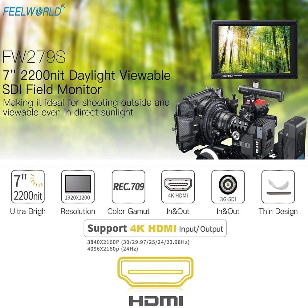 FEELWORLD FW279S 7 Inch 2200nit Daylight Viewable Full HD 1920x1200 IPS Panel DSLR On Camera Field Monitor 3G SDI 4K HDMI Input/Output Video Assist Peaking Focus