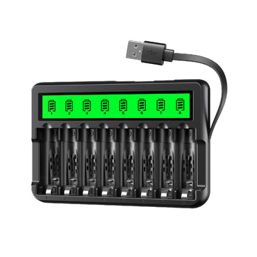 EBL FY-819 Two-Way 8 Bay Smart LCD Fast Charger for AA / AAA NiMH Rechargeable Batteries with Individual Slot, Built-in USB and Micro USB, Indicator Lights, and Intelligent Battery Detection