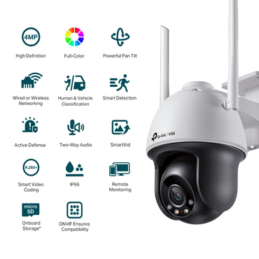 TP-Link VIGI C540-W 4MP Outdoor Full-Color Wi-Fi Pan Tilt Network CCTV Camera 2K QHD (4mm) 2,4GHz Ceiling/Wall/Pole with Up to 150Mbps Wireless Transmission, Two-Way Audio, Smart Detection, Active Defense, Smart Video, IP66 Waterproof