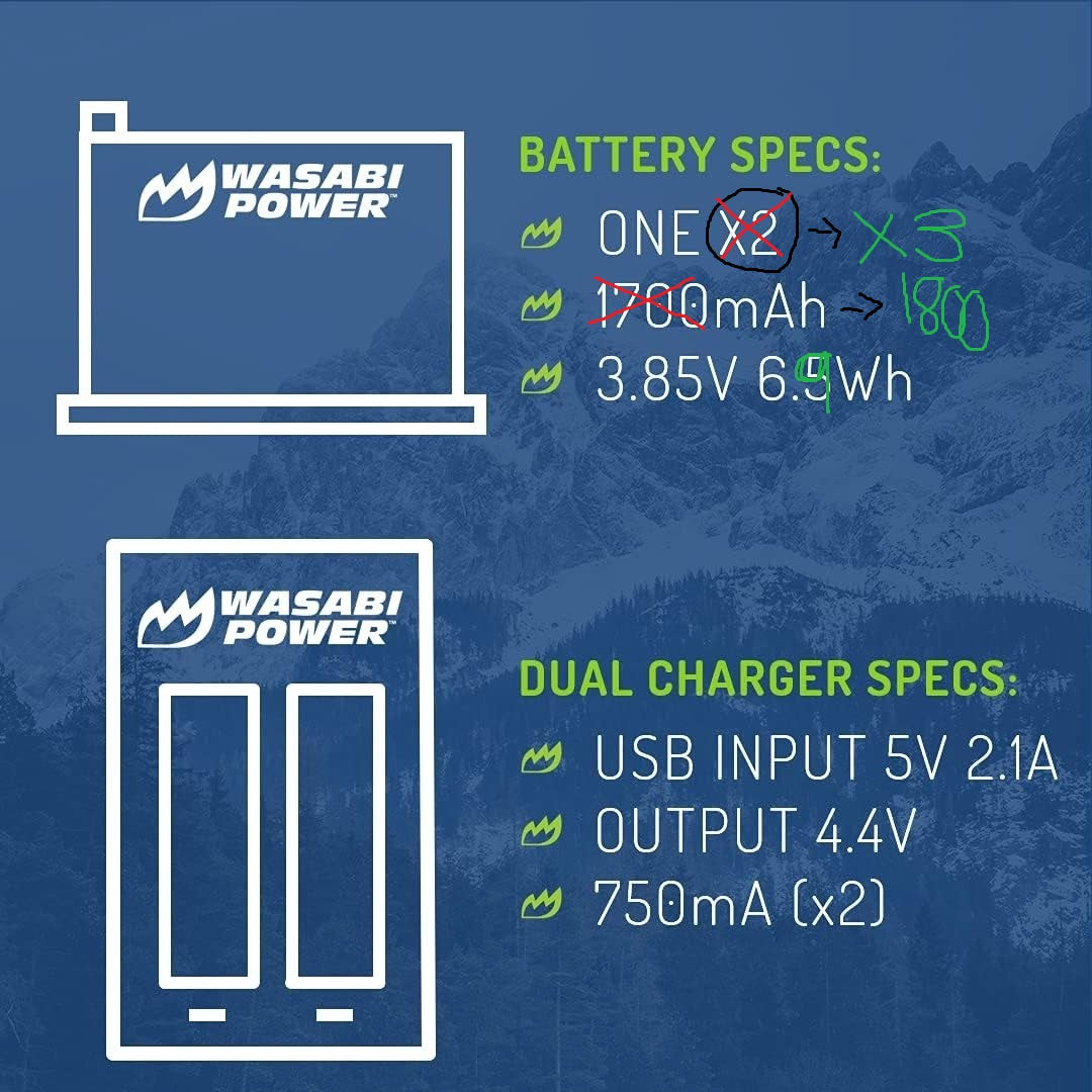 Wasabi Power Rechargeable Battery (2-Pack) 3.85V 1800mAh with USB Dual Charger Kit for Insta360 X3 Camera