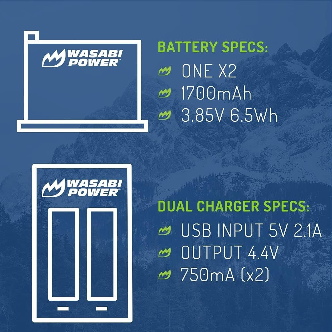 Wasabi Power Rechargeable Battery (2-Pack) 3.85V 1700mAh with USB Dual Charger Kit for Insta360 ONE X2 Camera