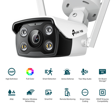TP-Link VIGI C340-W 4MP Outdoor Full-Color Wi-Fi Bullet Network CCTV Camera 2K QHD (4mm) Ceiling/Wall/Pole with Up to 150Mbps 2x2 MIMO Wireless Transmission, Two-Way Audio Human/Vehicle Smart Detection, IP66 Waterproof, microSD Memory
