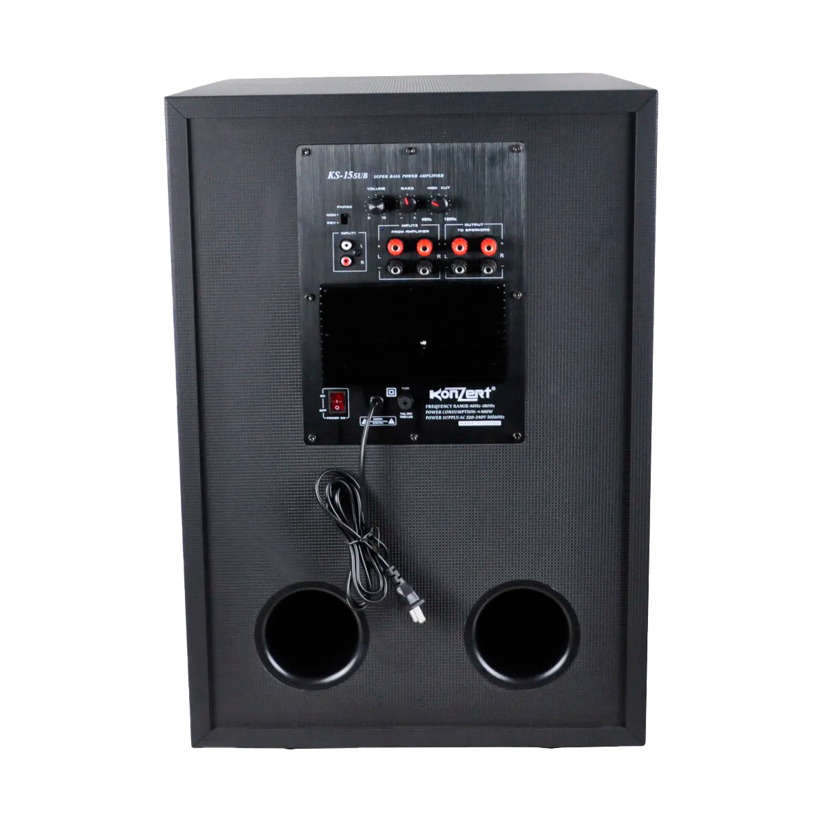 Konzert KS-15SUB 15" 400W Active Powered Subwoofer with Amplifier, Dual Port Bass Reflex and RCA and Binding Post Connector Inputs