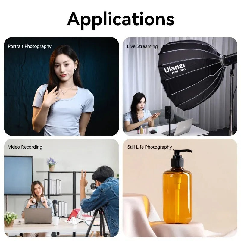 Ulanzi 60cm / 90cm Bowens Mount Parabolic Softbox with Light Diffuser and Grid for Camera Photography, Studio Lighting, Live Streaming, Broadcast, Vlogging, Content Creation, and Video Recording
