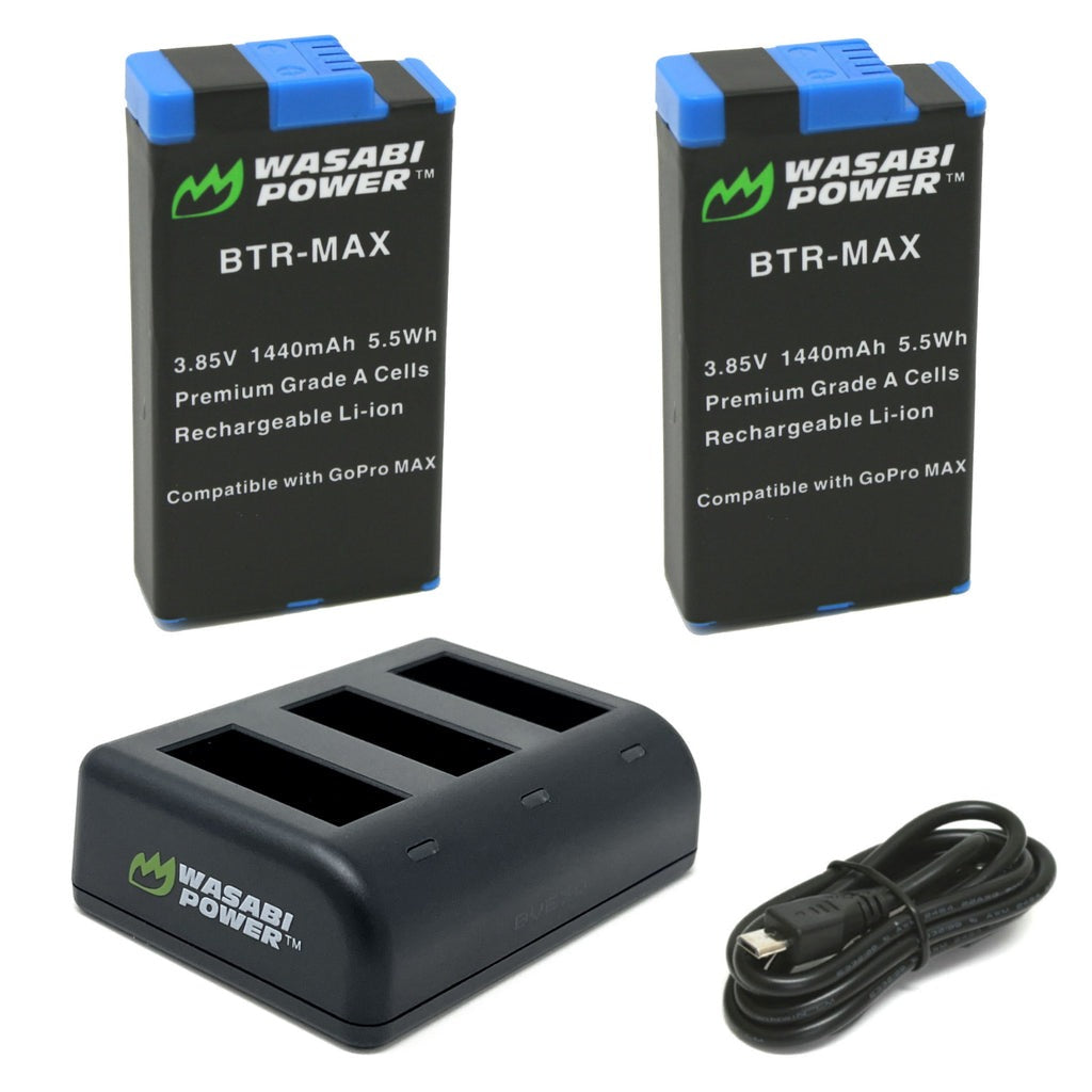 Wasabi Power 3.85V 1440mAh 2 Pack Battery and Dual USB Charger Kit replaces ACBAT-001 ACDBD-001 for GoPro MAX Action Camera | KIT-BB-MAX