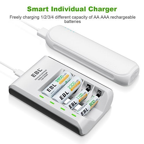 EBL LN-6420 807 4-Bay Battery Charger with Built-In Overheat and Over-Current Protection, LED Indicator Status Lights, and Micro USB Port for AA AAA Ni-MH and Ni-CD Rechargeable Batteries