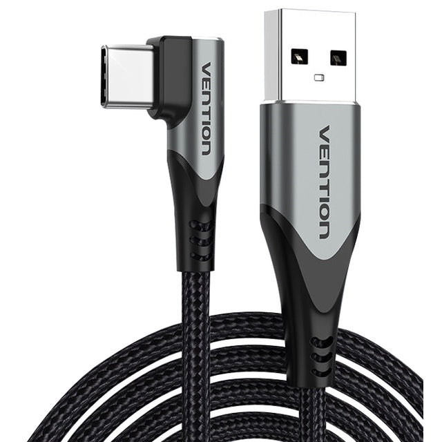Vention Right Angle Type-C Male to USB 2.0-A Male Nickel Plated Braided 3A Fast Charging Cable with 480Mbps Transfer Speed for Smartphones | COEH