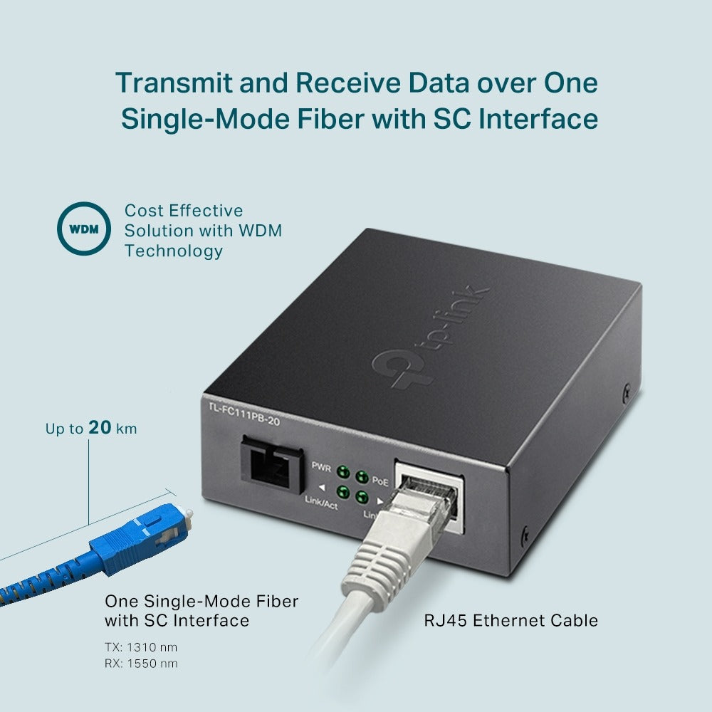 TP-Link TL-FC111PB-20 10/100Mbps WDM Media Converter with 1-Port PoE Single-Mode Fiber Optic Transceiver with 20 km Extension Range, Auto-Negotiation Half/Full-Duplex Mode, Auto-MDI/MDIX TP LINK TPLINK