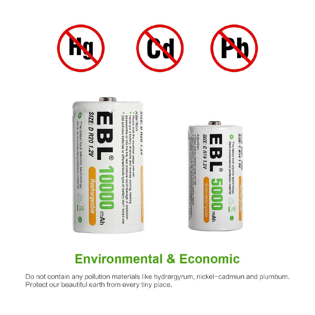 EBL LN-8151 1.2V C Cell 5000mAh Rechargeable NiMH Nickel Metal Hydride Battery (Pack of 2) with Included Storage Case for Portable and Emergency Electronics