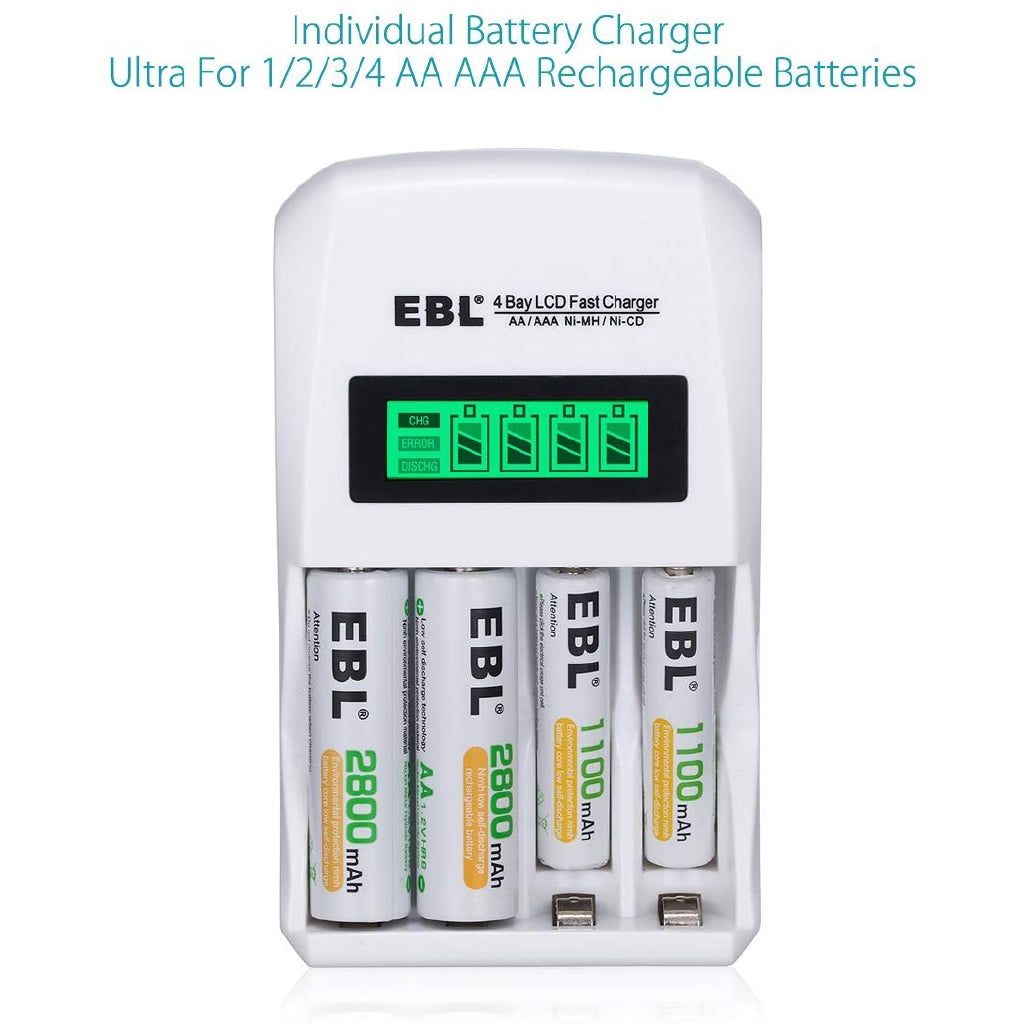 EBL LN-6907 4-Bay Smart Battery Charger with LCD Indicator Screen, Individually Controlled Quick Charging Slots, and Intelligent Overcurrent Protection for AA AAA Ni-MH Ni-CD Rechargeable Batteries