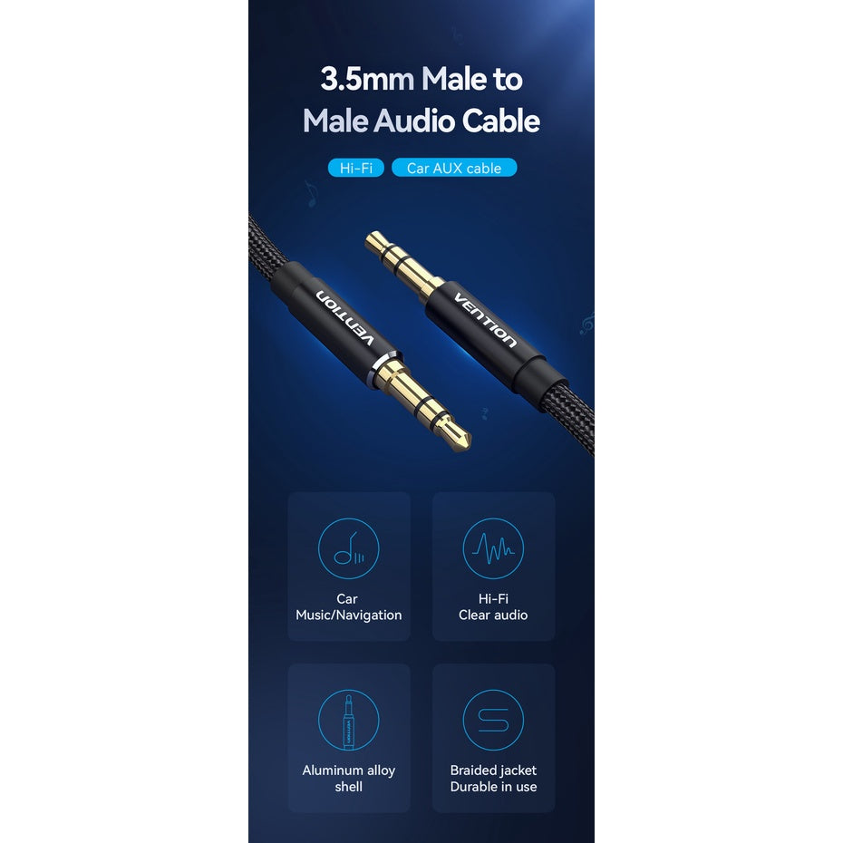 Vention 3.5mm Male to Male Gold Plated AUX Audio Cable 29AWG for MP3, Computer, Tablet, Phone (Black) (0.5M) | BAWB
