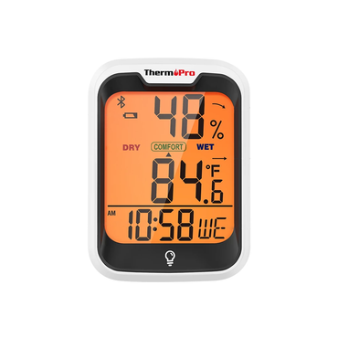 ThermoPro TP358 Hygrometer and Thermometer with Built-in Clock, Bluetooth 5.0, Premium Sensirion 260ft Humidity and Temperature Sensors, Comfort Level Indicator, Backlight and App Support for Indoors and Greenhouse Use